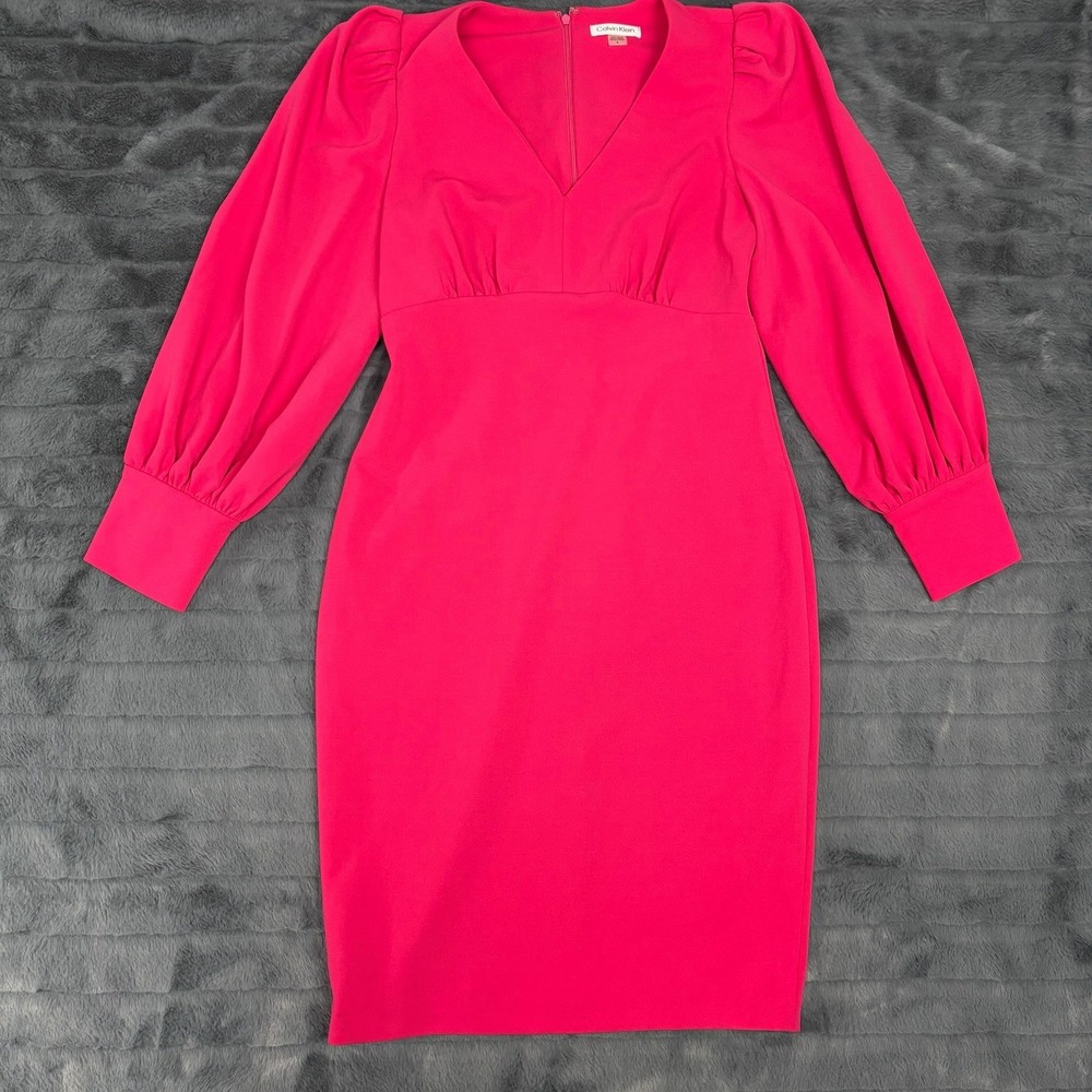 Calvin Klein Womens Pink V-Neck Puff Sleeve Sheath Dress Size 6 7970